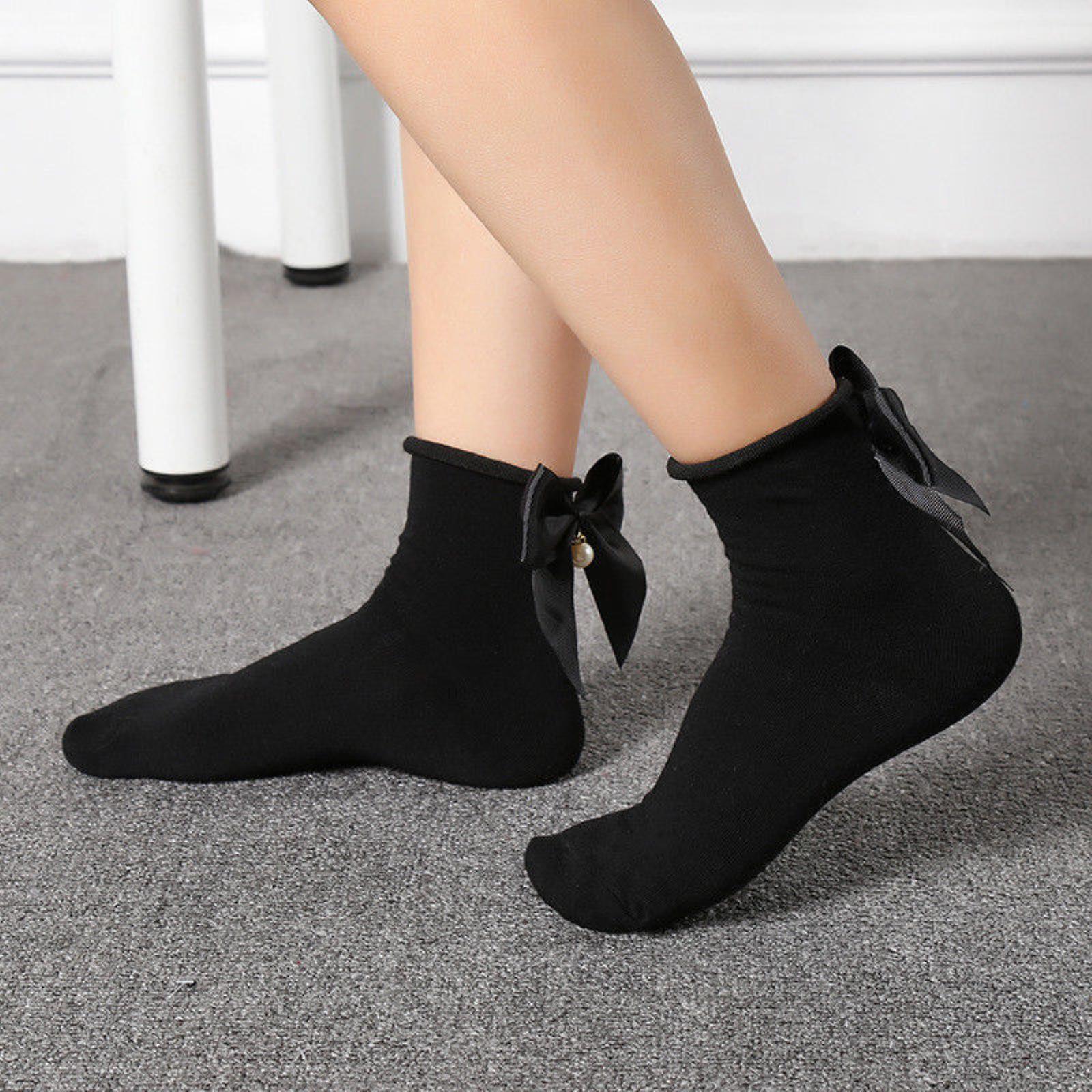 Ladies Cream Black Cotton Italia Bow knot Stylish Ankle Socks 2-8 - Pantsnsox
