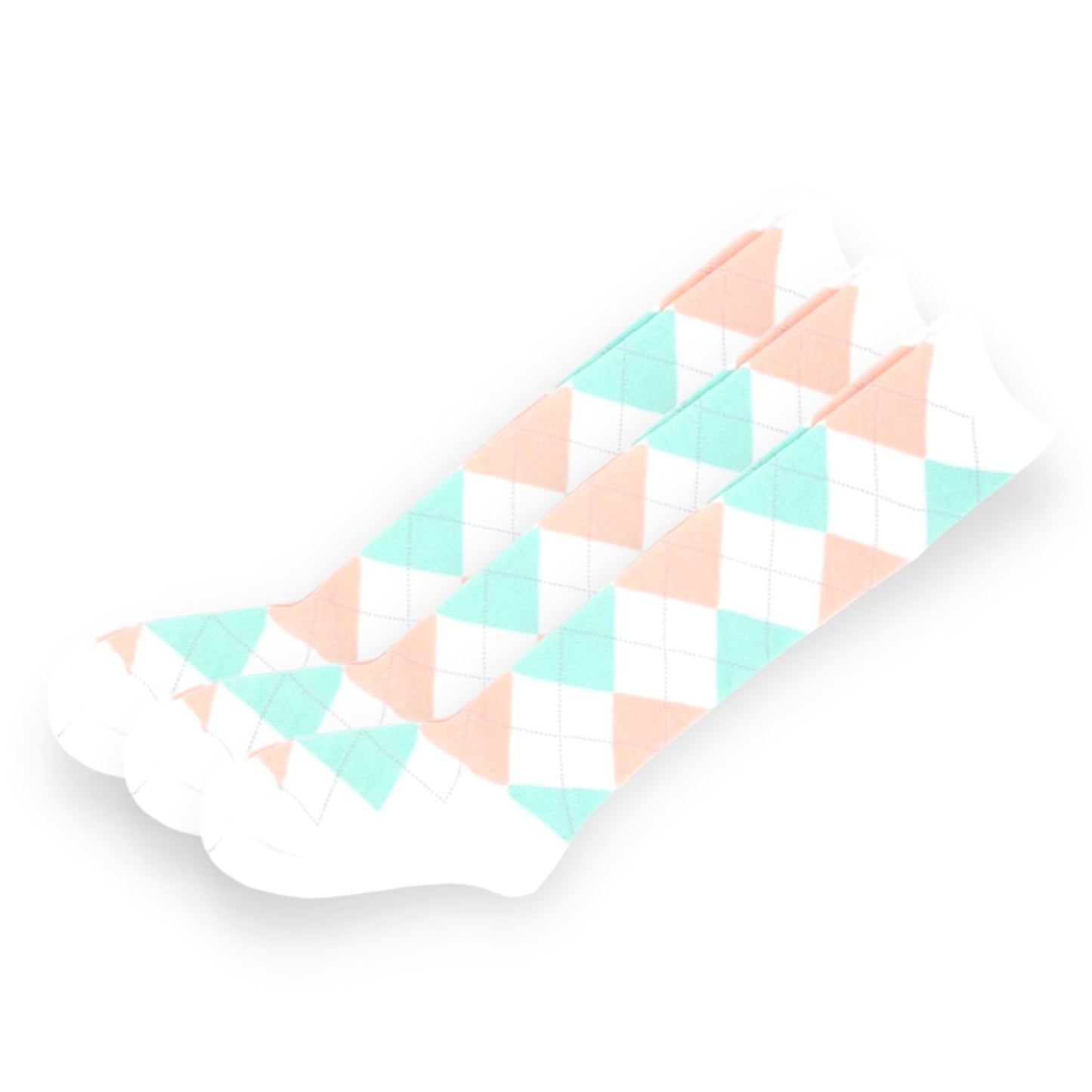 Argyle Knee High 3 Pairs Cotton Socks Diamond Check Pattern