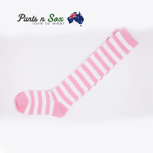 Knee High Socks Striped Ladies Long Womens Pink White Stripe AU Stock - Pantsnsox