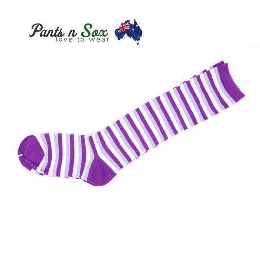 Womens Knee High Socks Striped Ladies Long Purple Stripe AU Stock - Pantsnsox