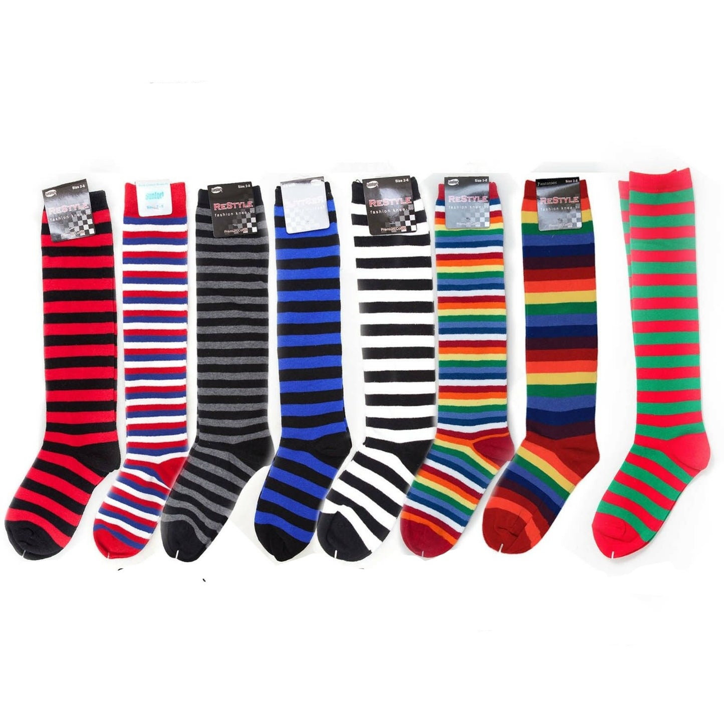 Premium Cotton Stripe Womens Knee High Socks Kids Party Costume Rainbow Socks - Pantsnsox