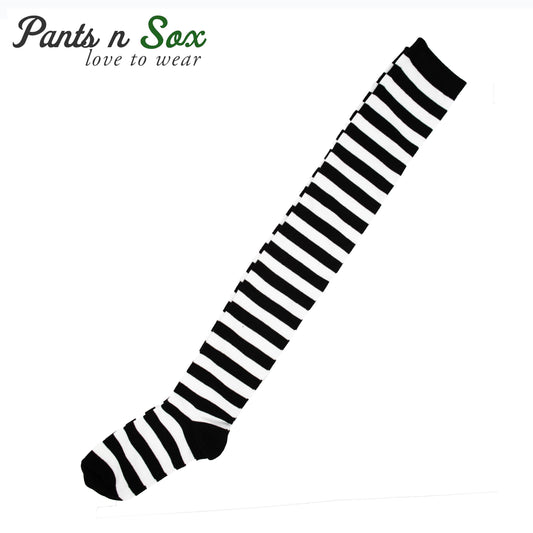 New Womens Ladies Black White Striped Thigh High Socks Size 2-8 - Pantsnsox