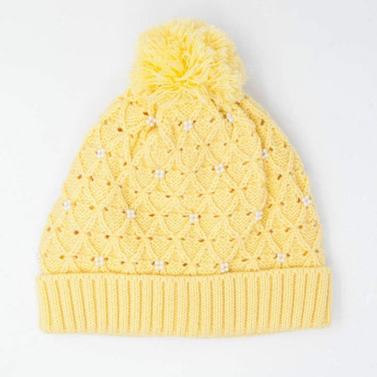WINTER KNITTED HAT BEANIE CAP WITH POM POM WARM PEARLS DECOR THICK YELLOW - Pantsnsox