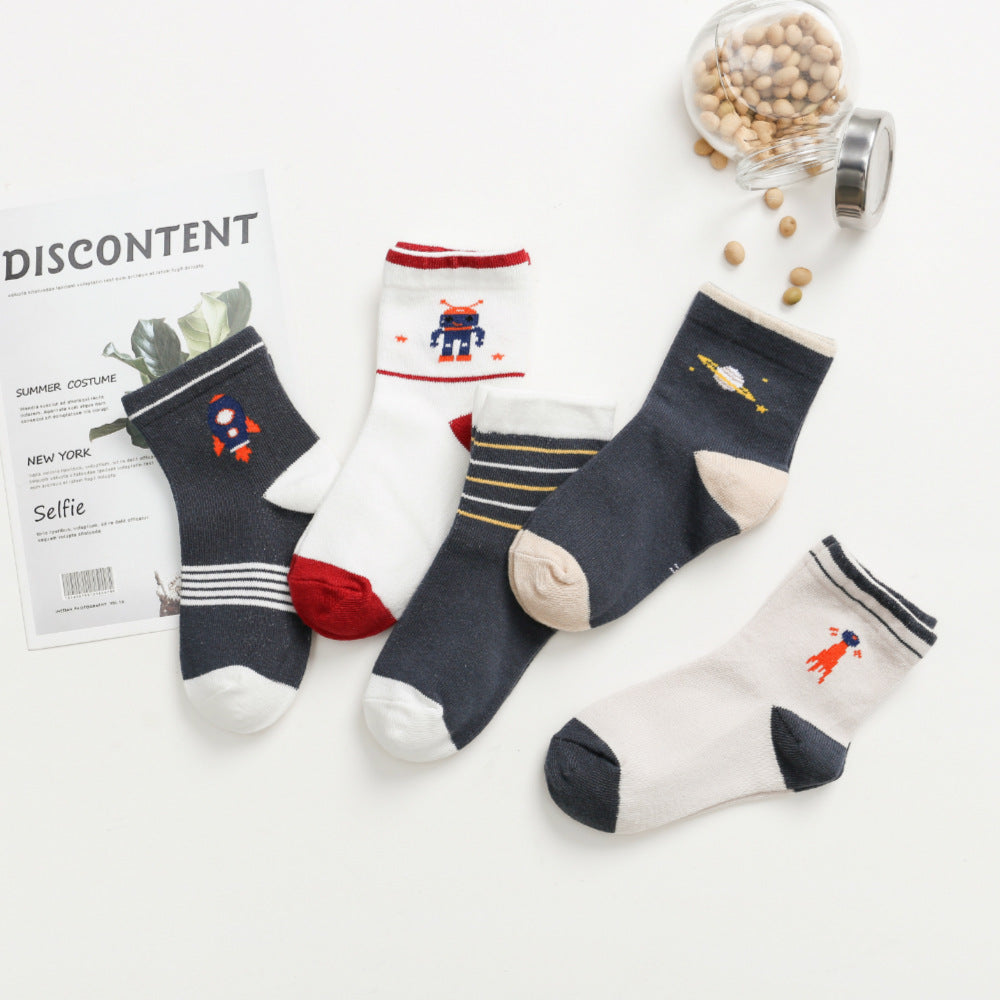 Kids Cotton Socks Children Toddler Dinosaur Spaceship Winter 5 Pack Gift Set - Pantsnsox