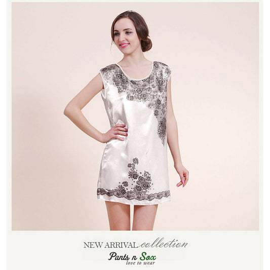 Womens White Rose Print Silk Feel Sleeveless Chemise Nightie Ladies Sleepwear - Pantsnsox