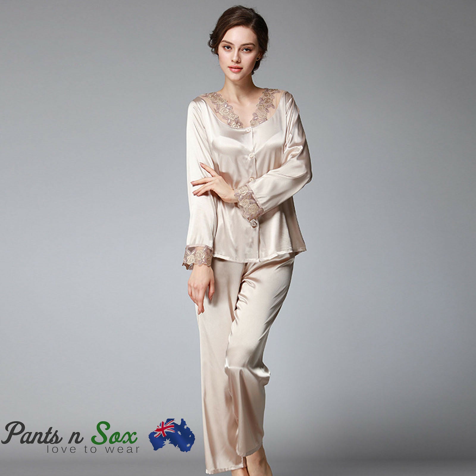 Womens Lace Silk Feel Nightie Long Sleeve Sleepwear Top Pants Pajama Set Spring - Pantsnsox