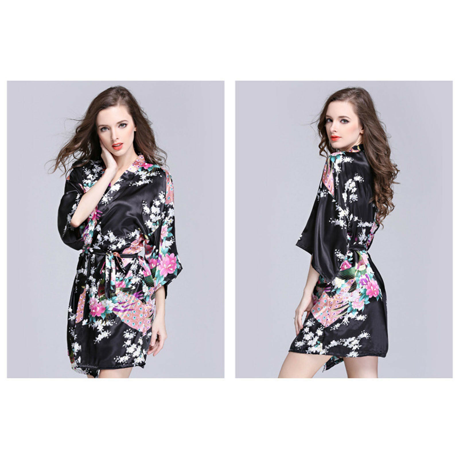 Women Silk Feel Coat Nightie Sleepwear Lingerie Nightdress Sleeve Floral 2 Set - Pantsnsox