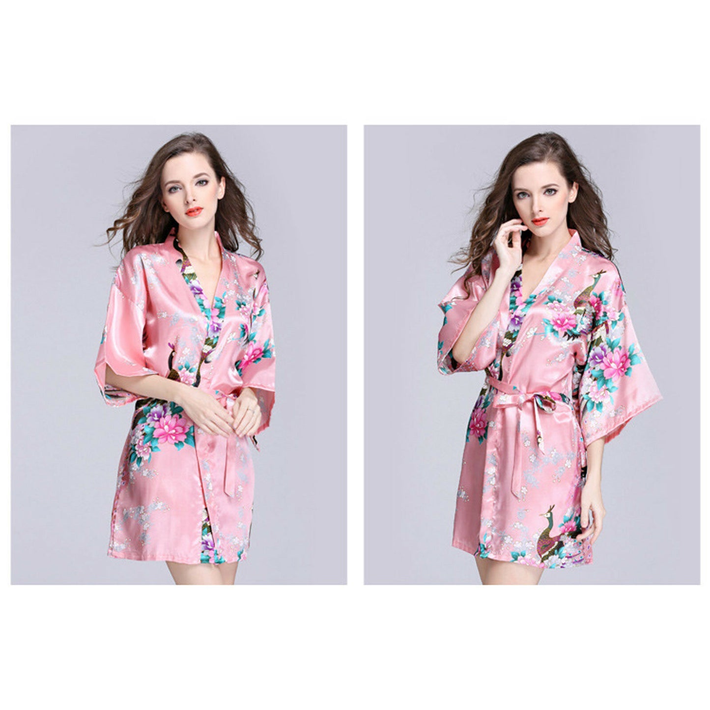 Women Silk Feel Coat Nightie Sleepwear Lingerie Nightdress Sleeve Floral 2 Set - Pantsnsox
