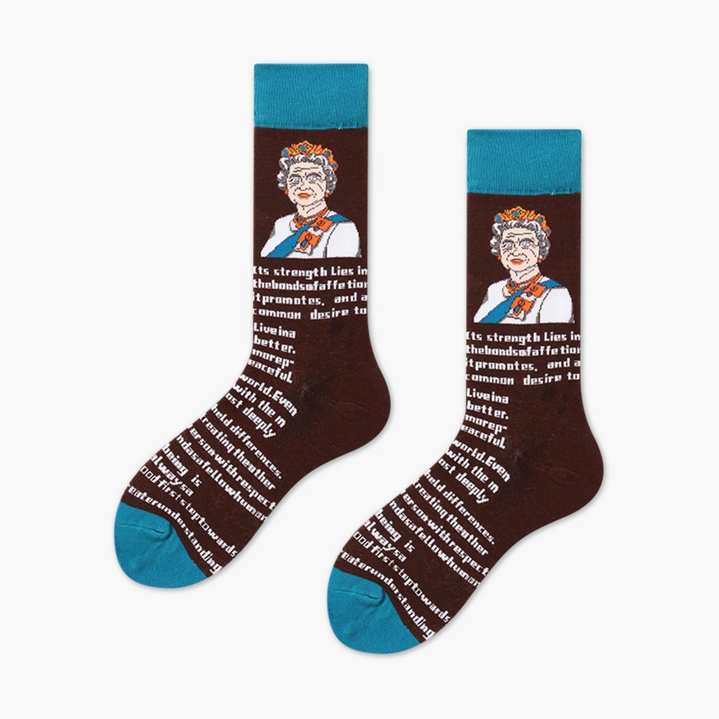 Women Royal Portrait Crew Colorful Lady Face Casual Brown Blue Cotton Socks - Pantsnsox