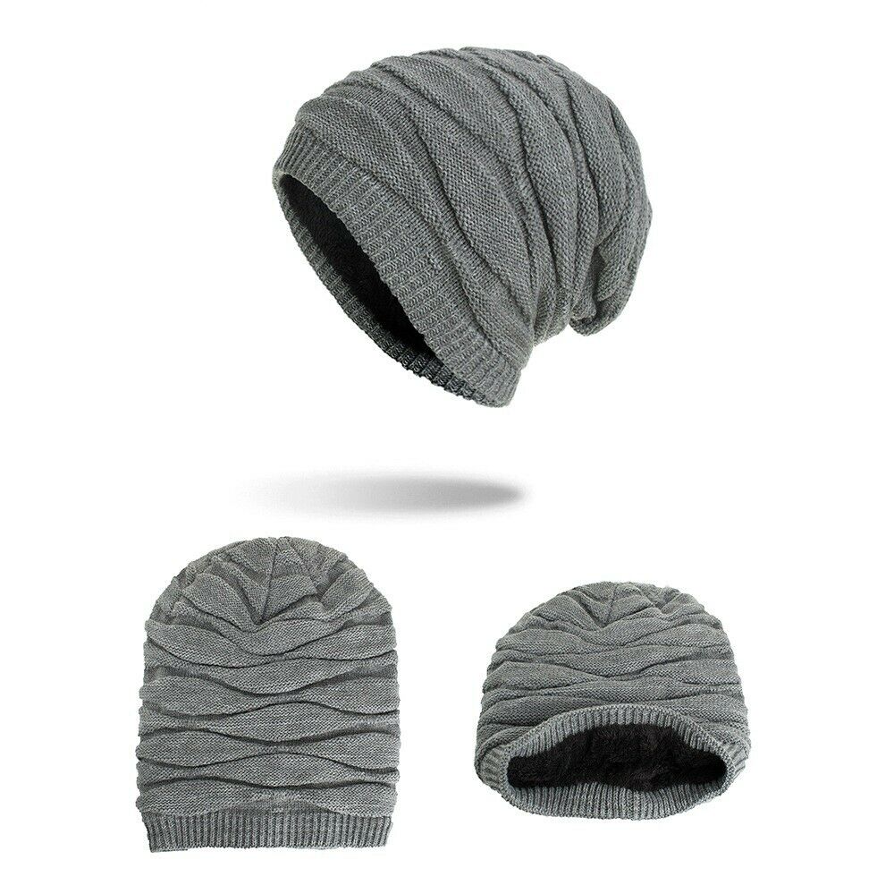 Winter Beanie Hat Men Warm Knit Long Slouch Skull Cap Thermal Fleece Lining - Pantsnsox