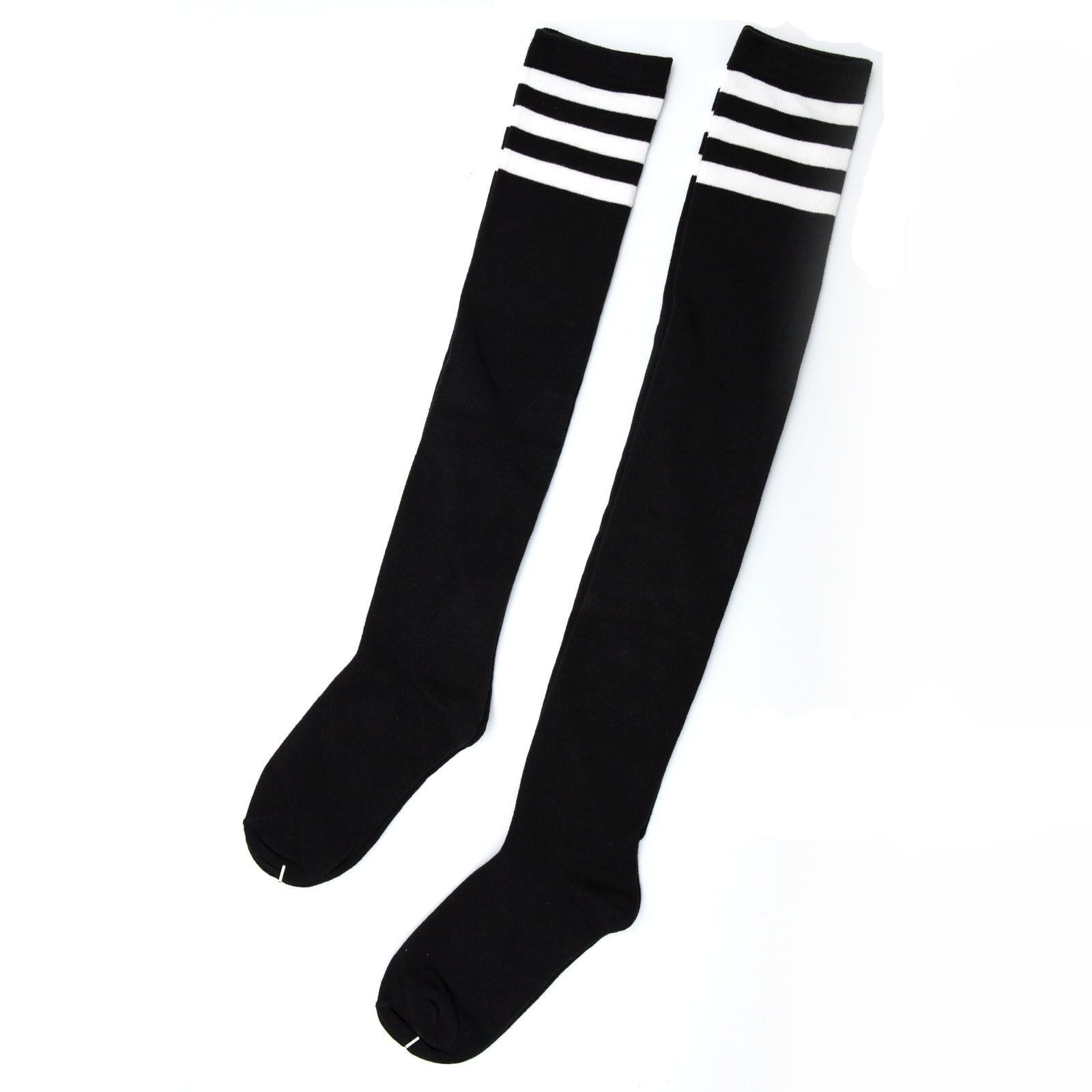 Womens Striped Top Black White Cotton Knee High Socks Over the Knee Th ...